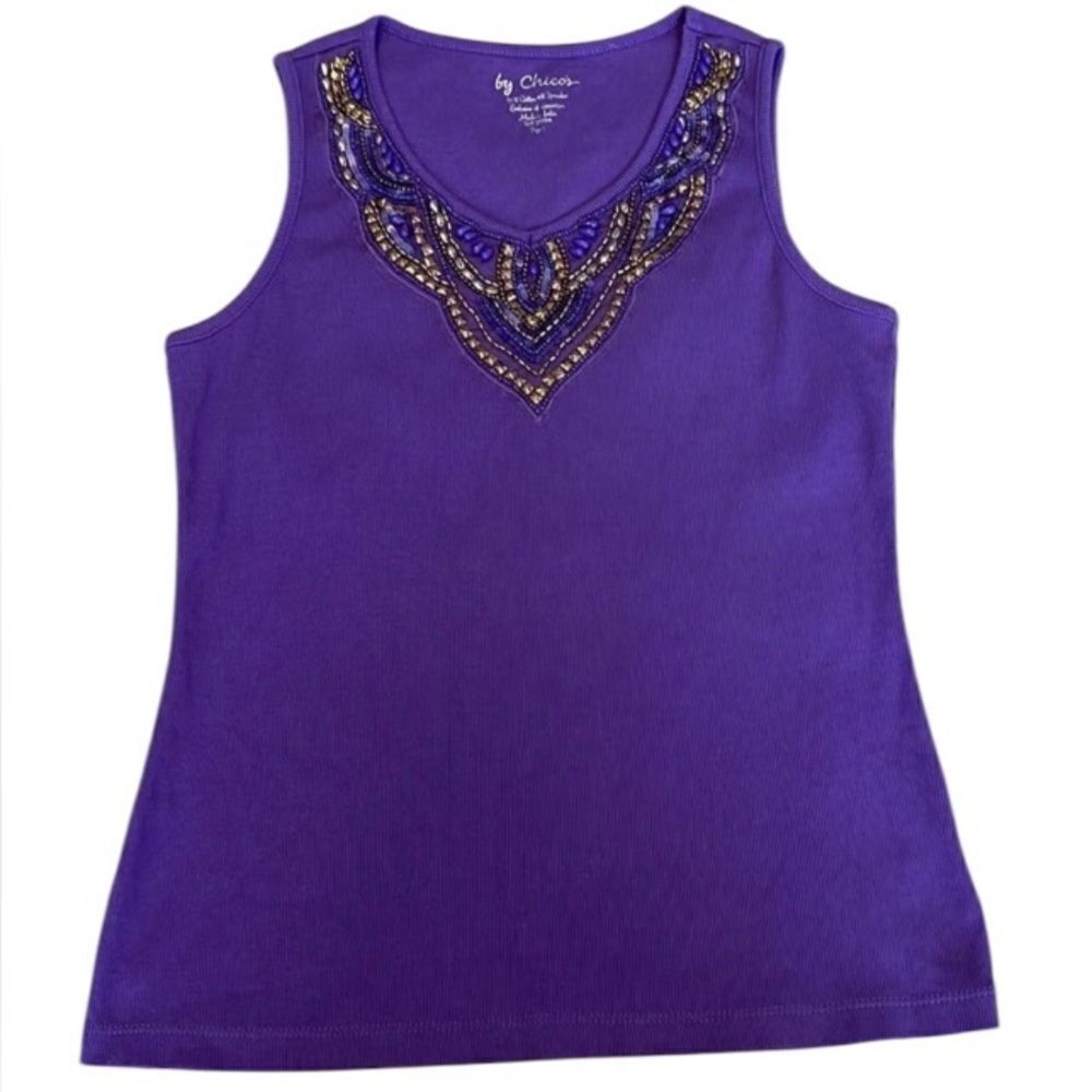 Chicos size 1 M beautiful purple beaded tank top no missing beads EUC